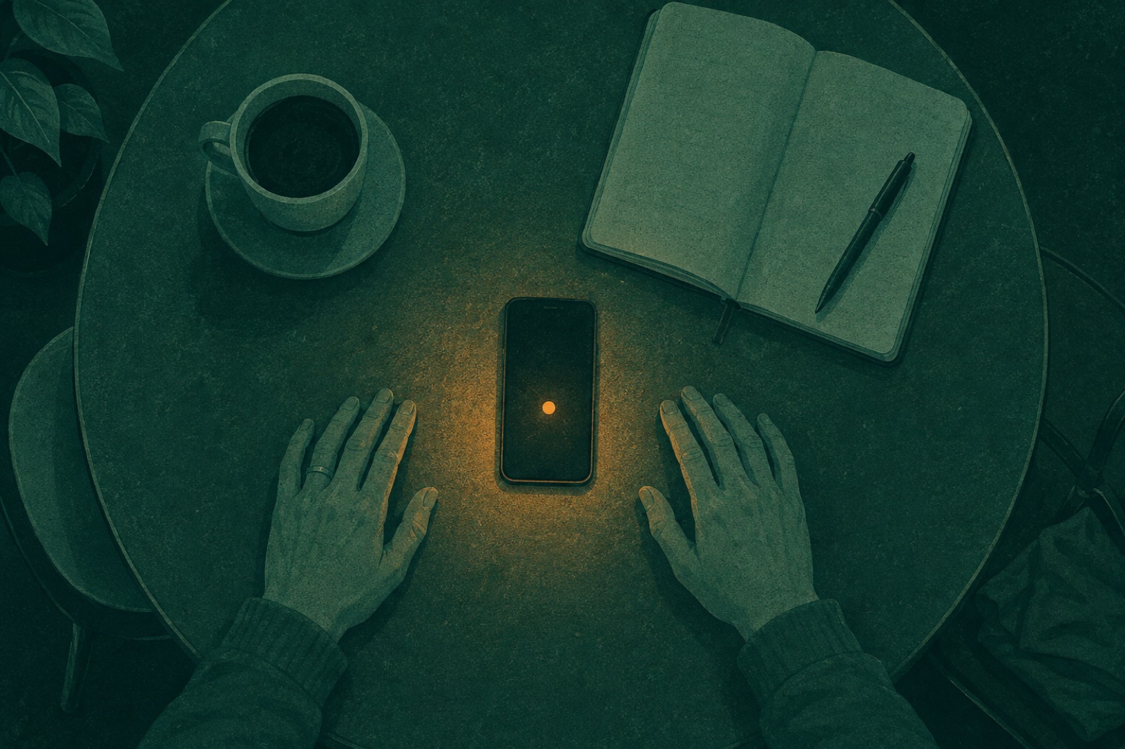 Seen from above, a cafe table with a phone recording between a pair of open hands and a notebook